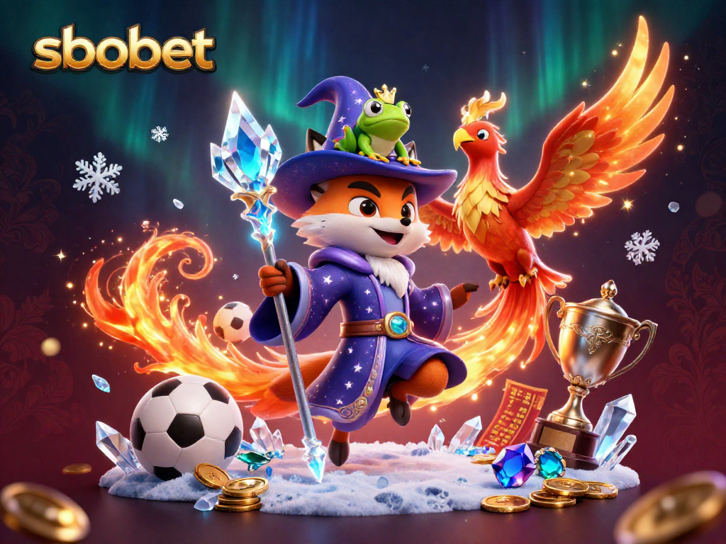 Engage with sbobet sports betting, featuring a wizard fox and phoenix in a vibrant fantasy scene.