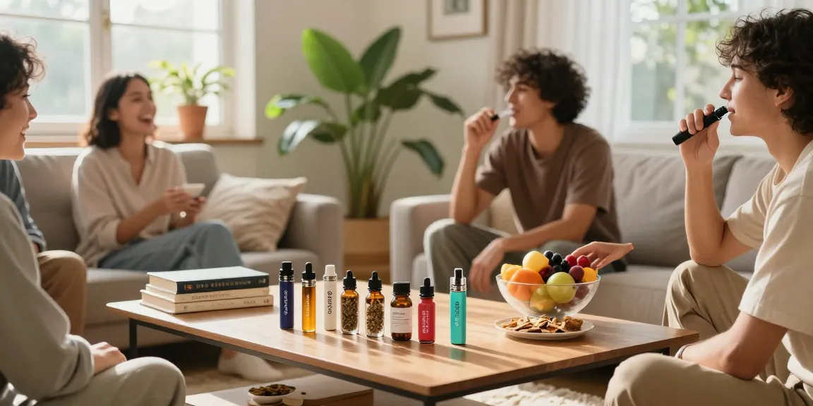 Enjoying vape weed with premium CBD products in a sunlit living room, highlighting organic wellness.