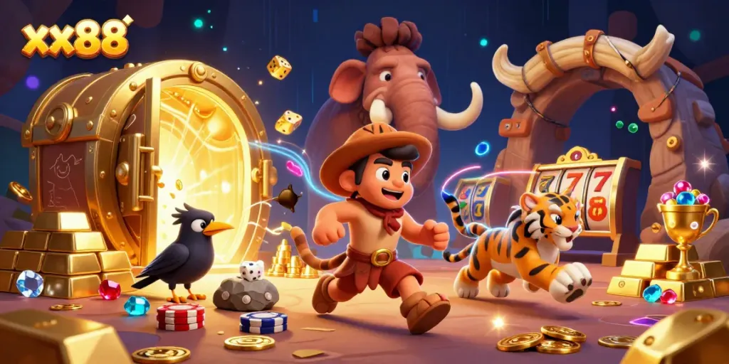 Experience thrilling moments at xx88 where a caveman and sabertooth tiger run a prehistoric casino.