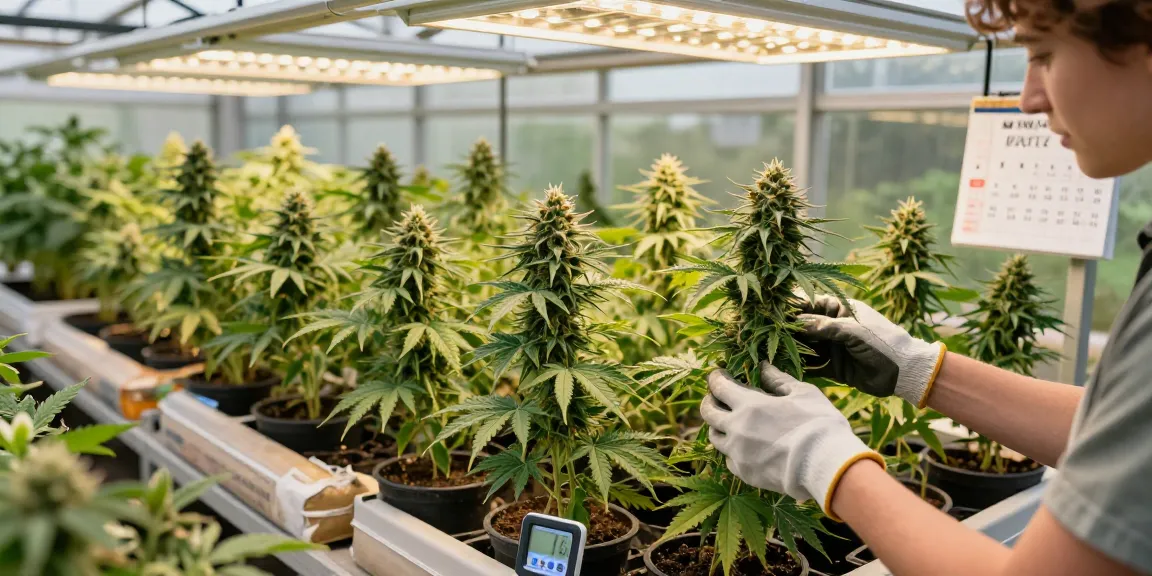 Gardener inspecting autoflowering cannabis seeds in a vibrant greenhouse.