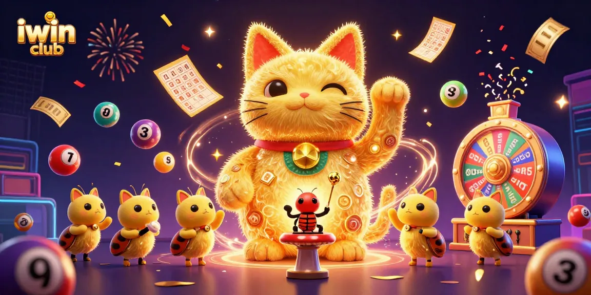 Engage with iwin club's vibrant gaming scene, featuring interactive lottery elements and a lucky cat for fortune.