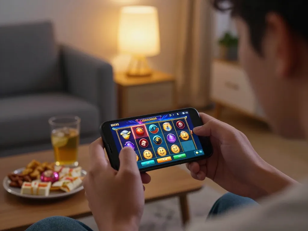 Engaging player spinning the reels on the Spaceman slot during a cozy mobile gaming session at home.