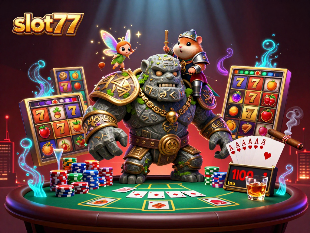 Experience immersive gaming excitement at slot77 with a vibrant 3D scene filled with thrilling slot elements.