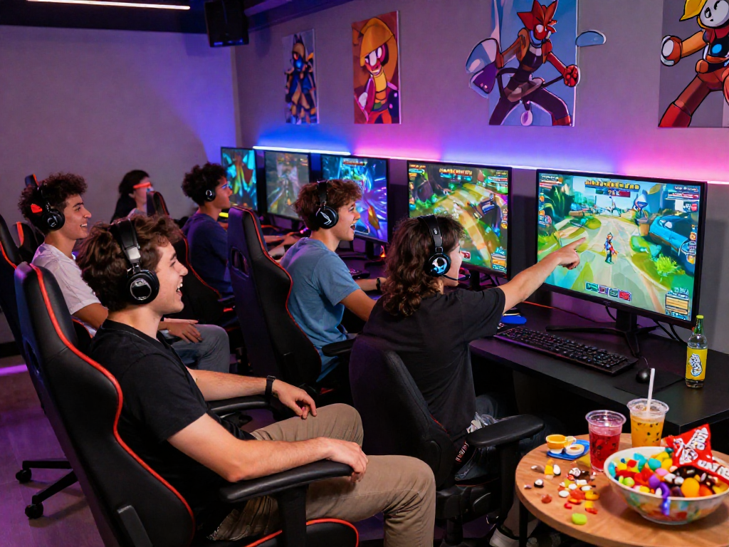 Gamers enjoying a lively adult party sex game in a vibrant lounge setting.