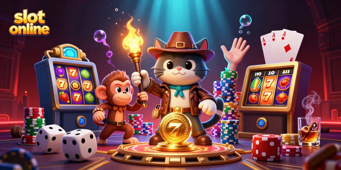 Engage with slot online adventures as the explorer cat navigates a vibrant casino temple scene.