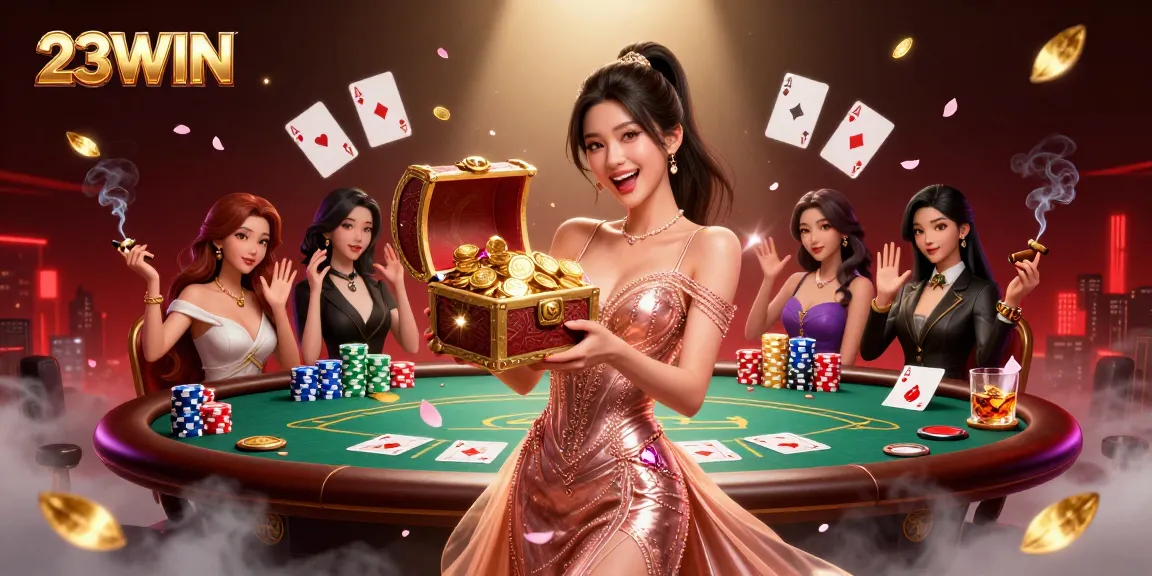 Experience thrilling gameplay at 23WIN with an exciting treasure chest of winnings amid a vibrant casino atmosphere.