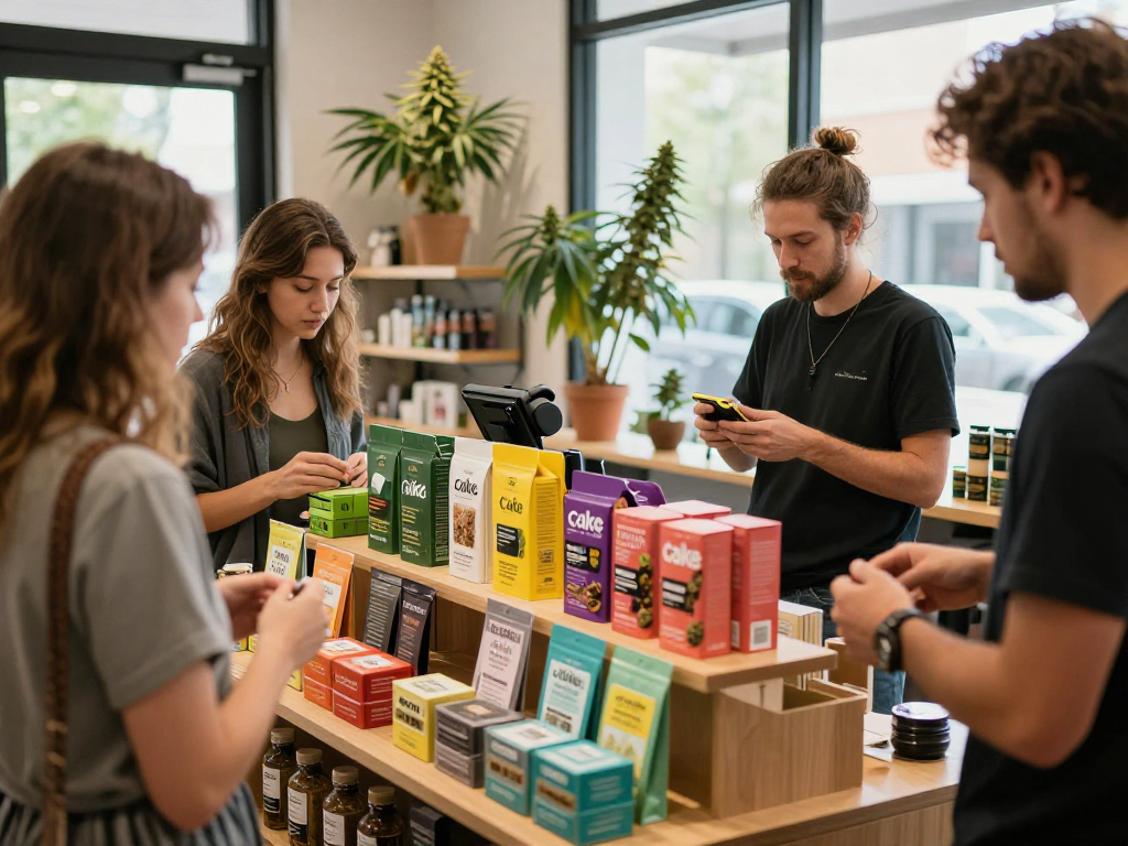 Exciting display of Cake carts in a cannabis dispensary, showcasing vibrant flavors and customer interaction.