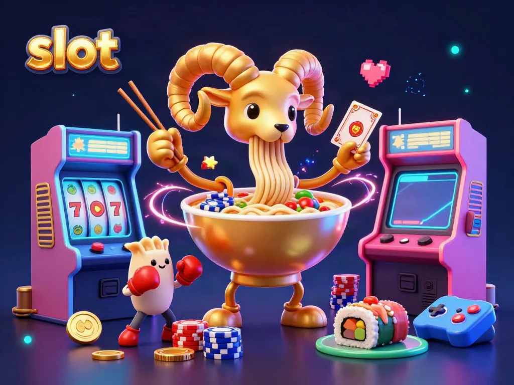 Engage with the vibrant slot world through a 3D scene of a golden ramen bowl character delightfully dealing cards.