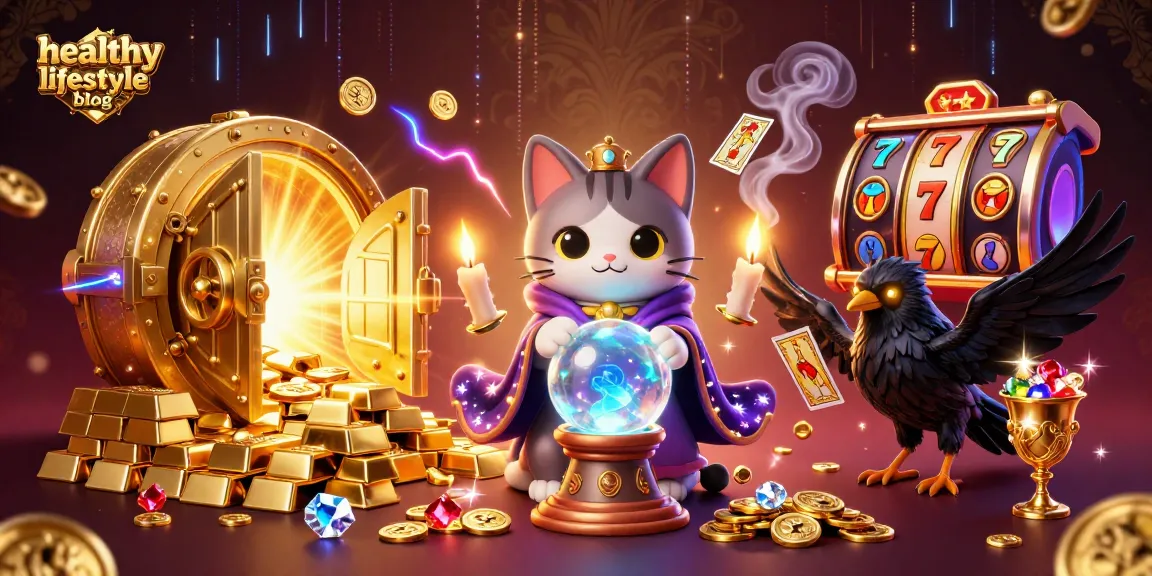 Engage with a rich visual scene from a healthy lifestyle blog, showcasing a mystical casino atmosphere with vibrant characters.