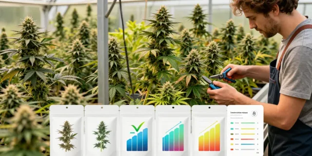 Cannabis seeds for growers in a vibrant greenhouse, showcasing various plants and cultivation tools.