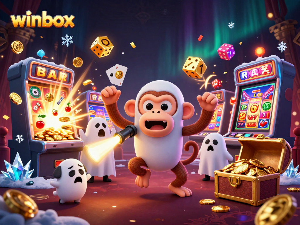 Experience the thrill of winbox gaming with a magical 3D casino illustration featuring a mischievous monkey and a curious puppy.