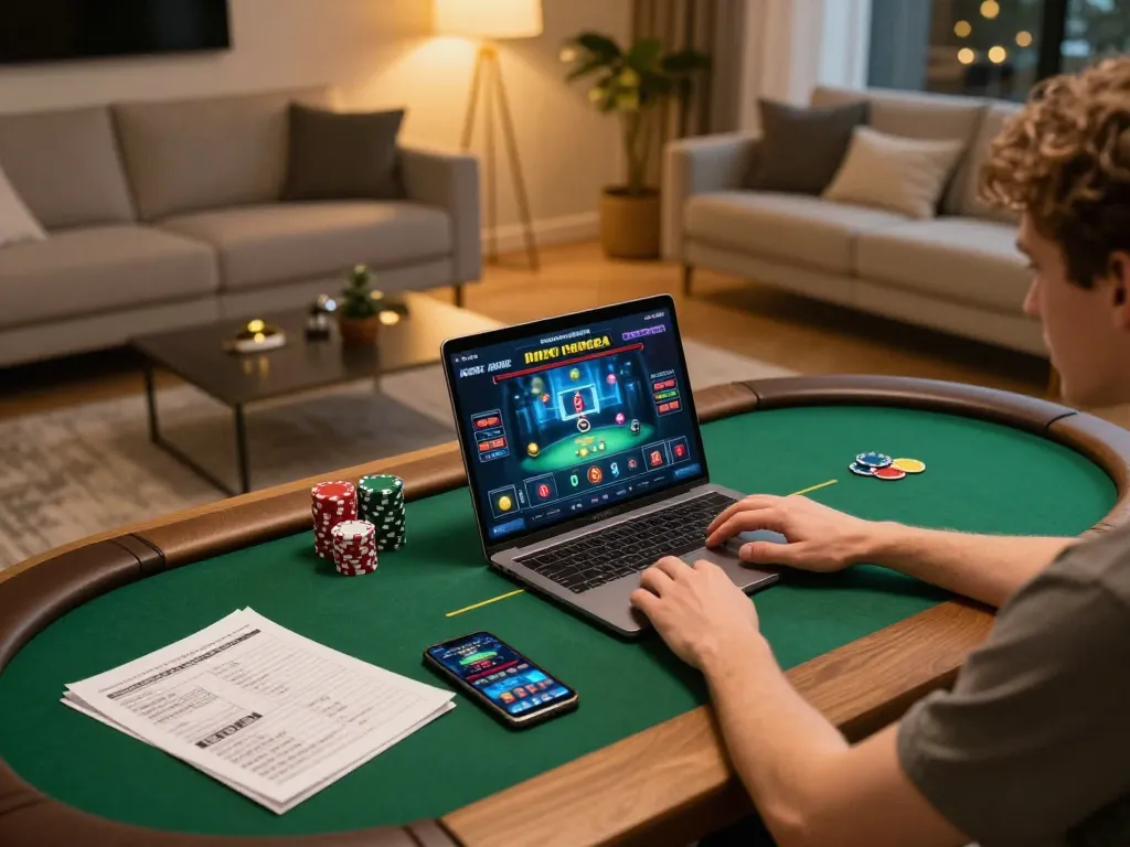 Engaging online gameplay at home with xx88 poker on laptop, showcasing strategy notes and gaming environment
