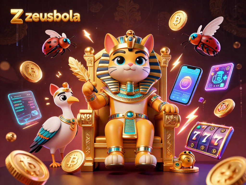 Engage in thrilling gameplay with zeusbola featuring an Egyptian pharaoh cat surrounded by jackpots and crypto coins.