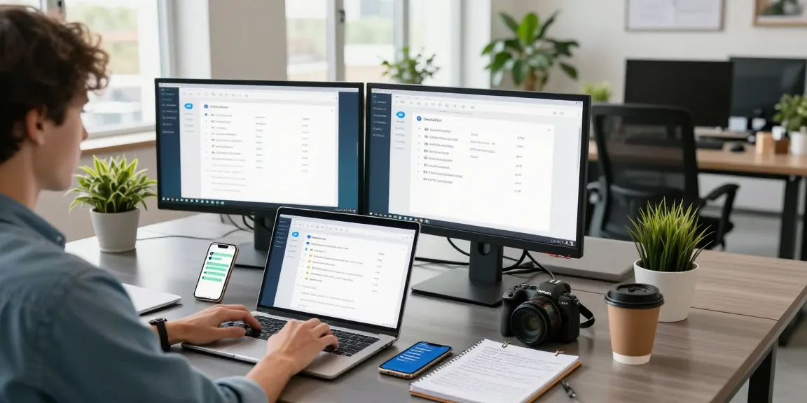 Engaging tech workspace displaying a laptop showing telegram中文 features with vibrant office decor.