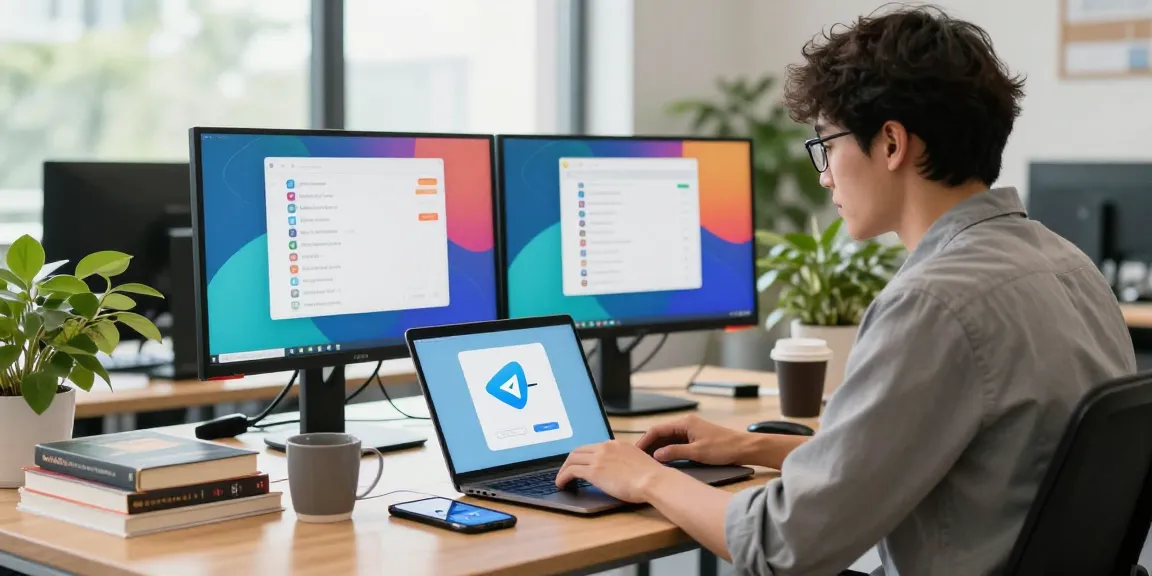 Professional using telegram中文 on a laptop in a modern workspace, with dual monitors and fresh greenery around.