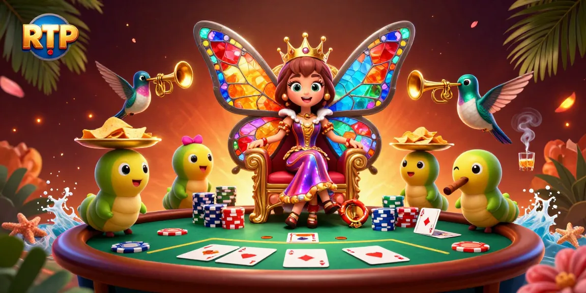Engage with RTP in this vibrant casino scene showcasing poker elements and a whimsical butterfly queen.