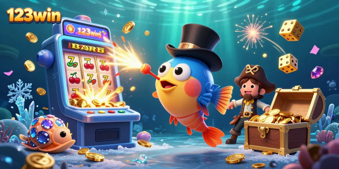 Experience the excitement of 123win with a treasure-laden underwater casino scene bursting with gold coins.