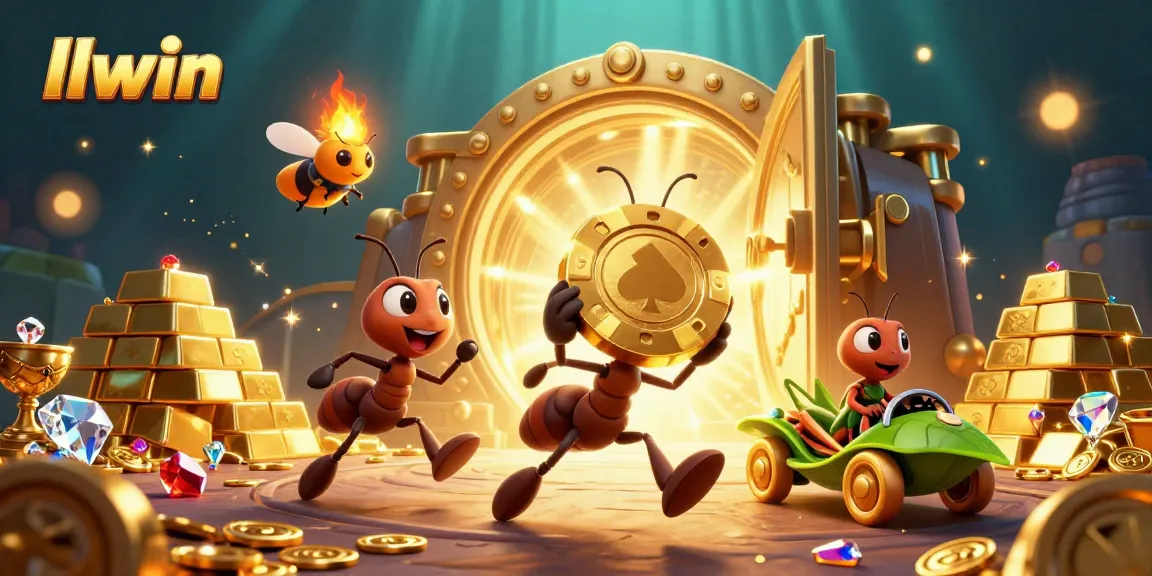 llwin's thrilling heist scene with ants carrying a giant poker chip through a vibrant treasure tunnel.