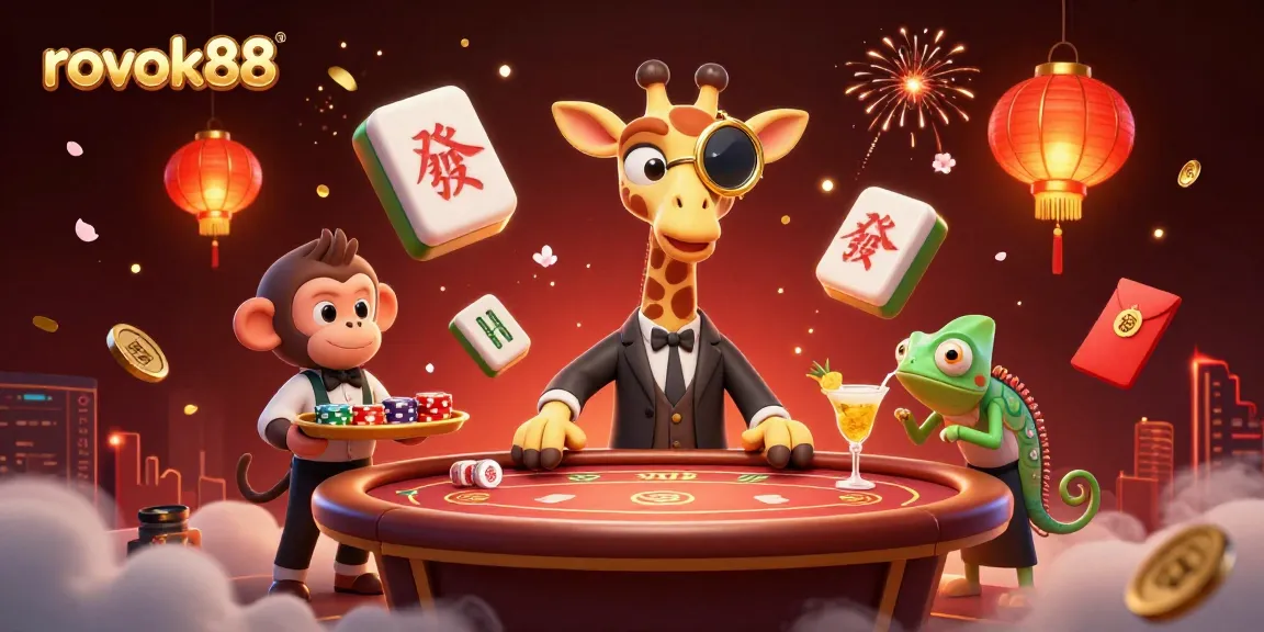 Experience thrill with rokok88 at a vibrant casino featuring a high-roller giraffe, poker, and lively gaming elements.