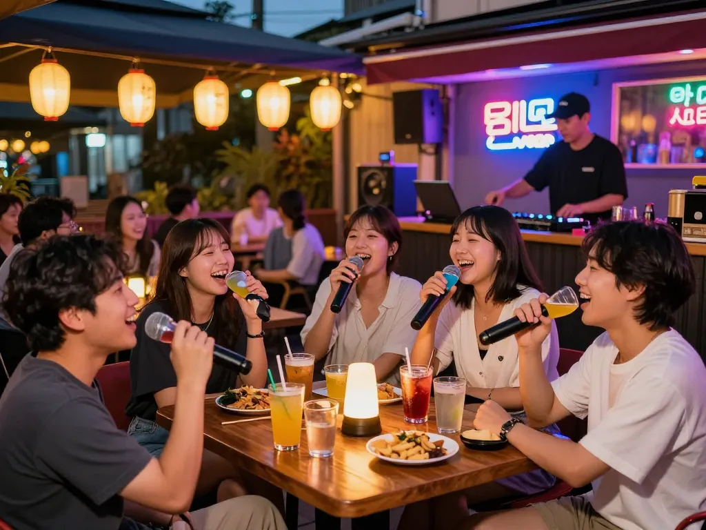 Exciting 제주유흥 experience with friends singing at a vibrant Jeju karaoke bar during a lively night out.
