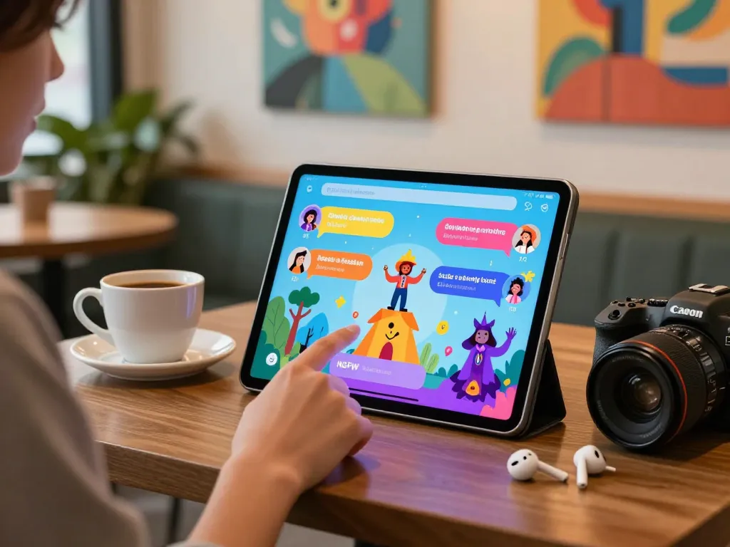 Engaging NSFW AI chatbot interaction in a cozy café setting with colorful character illustrations.