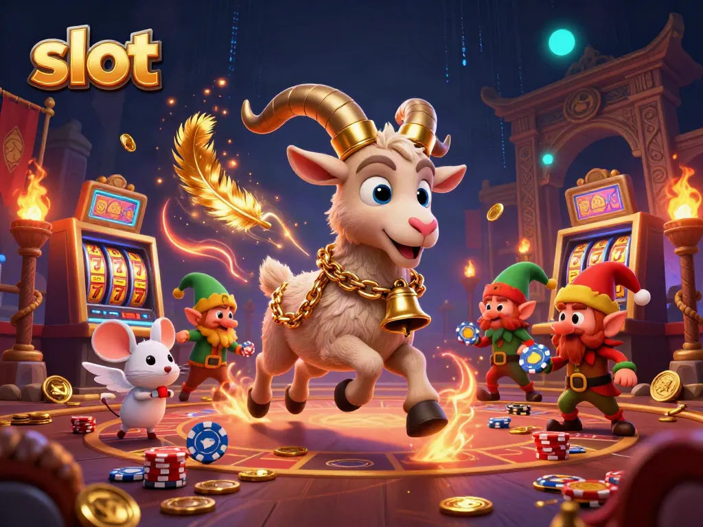 Engaging casino scene depicting slot machines, a Krampus goat, and playful elves stealing chips.