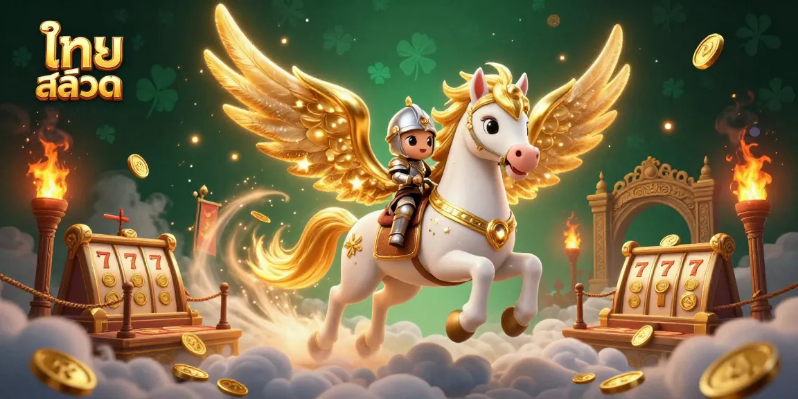 Win big with ไทย สล็อต in this vibrant, dynamic 3D casino illustration featuring golden horse and mystical elements.