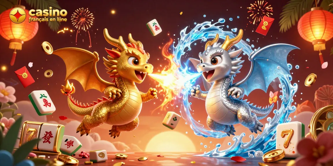 Jouez avec le meilleur casino français en ligne, admirez les dragons et les éléments de jeu au centre de l'illustration.