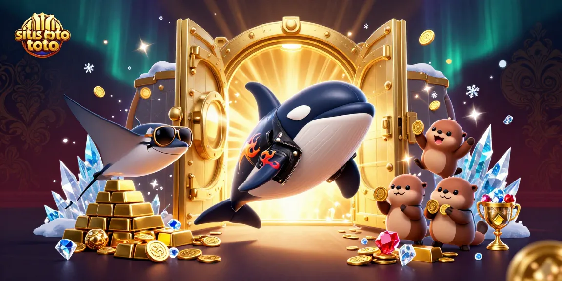 situs toto showcases a lively underwater casino scene with whimsical sea creatures enjoying a treasure trove of gold coins.