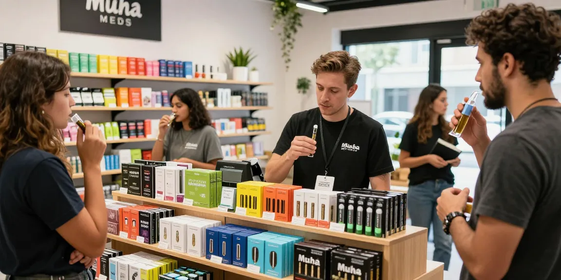 Shop showcasing Muha Meds products with engaged customers in a vibrant cannabis retail environment.