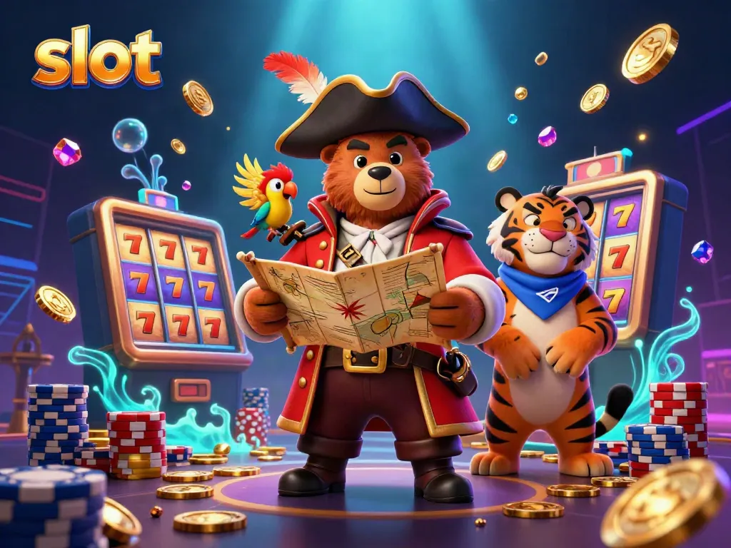 Spin winning slots in a vibrant 3D casino scene featuring a pirate bear and treasures.