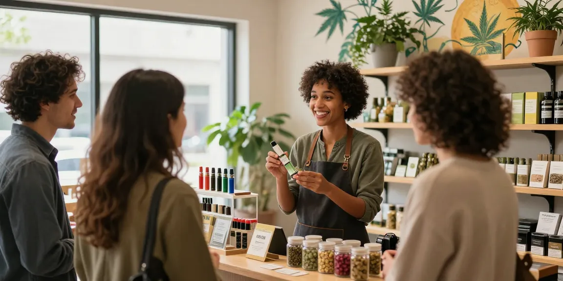 Hash Sieb Demonstration in einem Cannabis Shop mit freundlichen Beratern und interessierten Kunden.