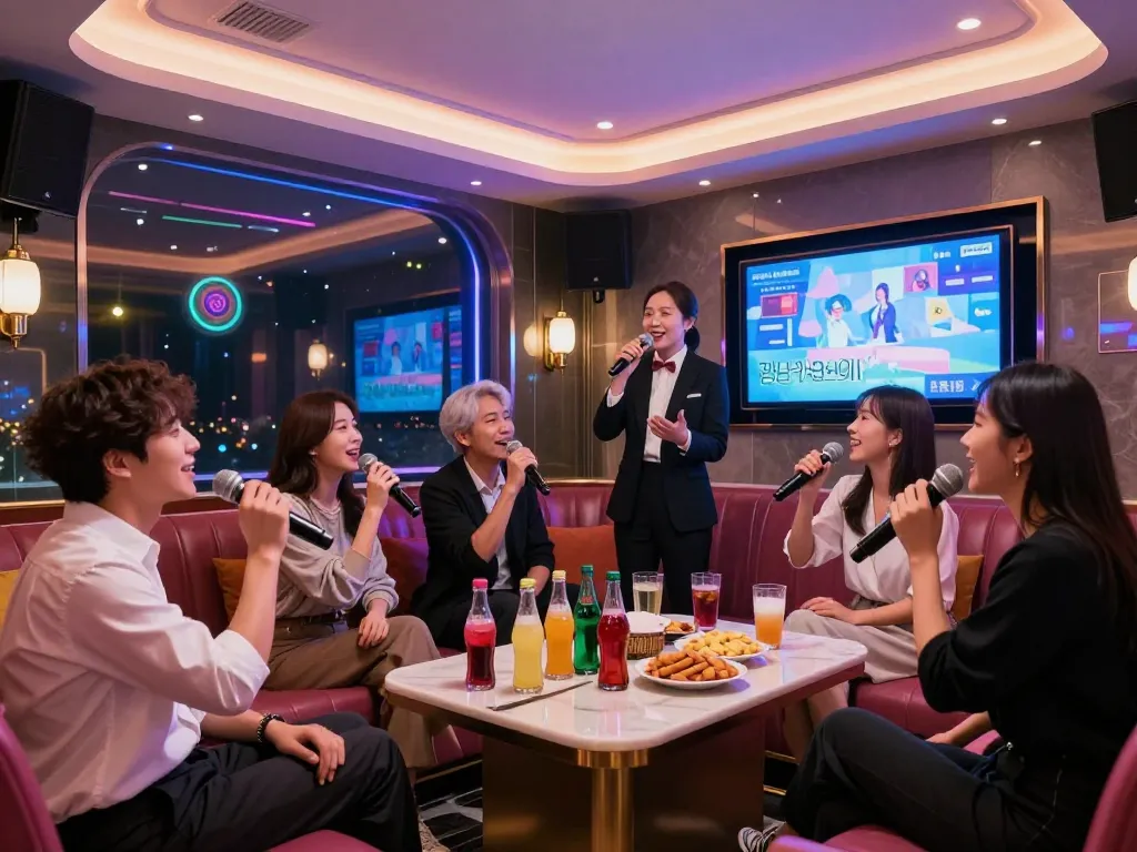 Guests enjoying a lively night at 강남가라오케 with colorful lights and premium drinks.