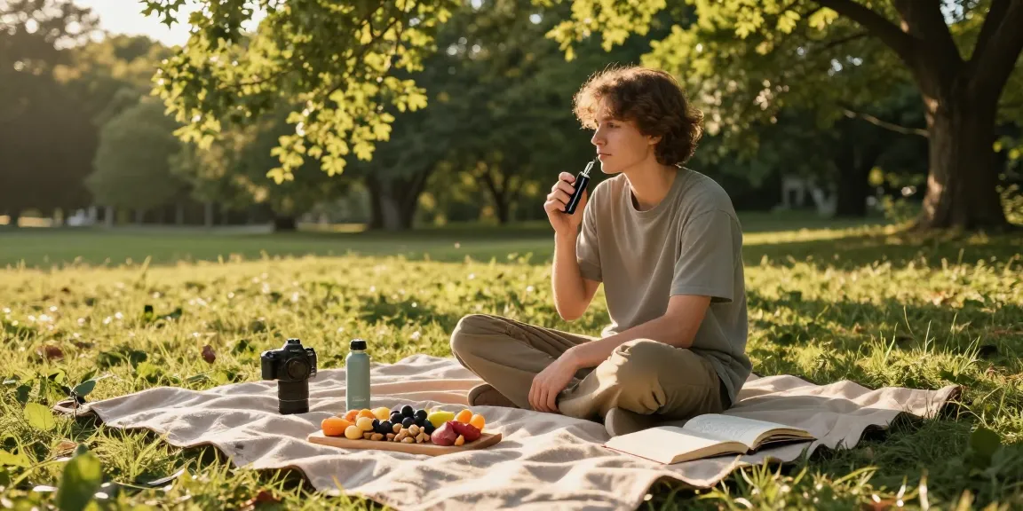Vape weed experience: Using a disposable vape in a serene outdoor setting, highlighting natural wellness with quality CBD.