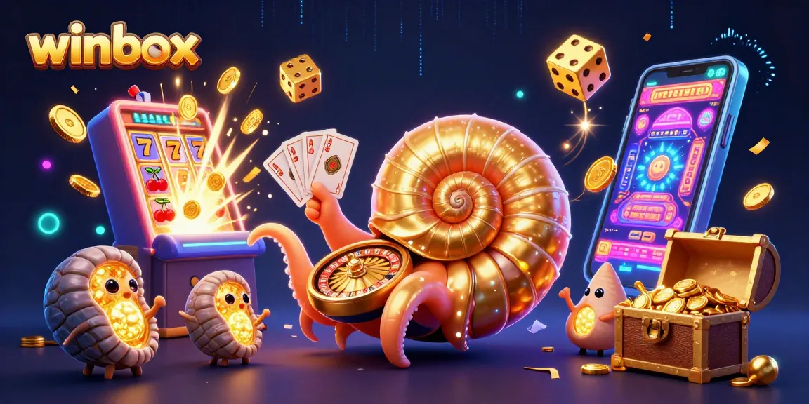 Winbox showcases a vibrant online casino scene with jackpots, slot machines, and colorful game elements.