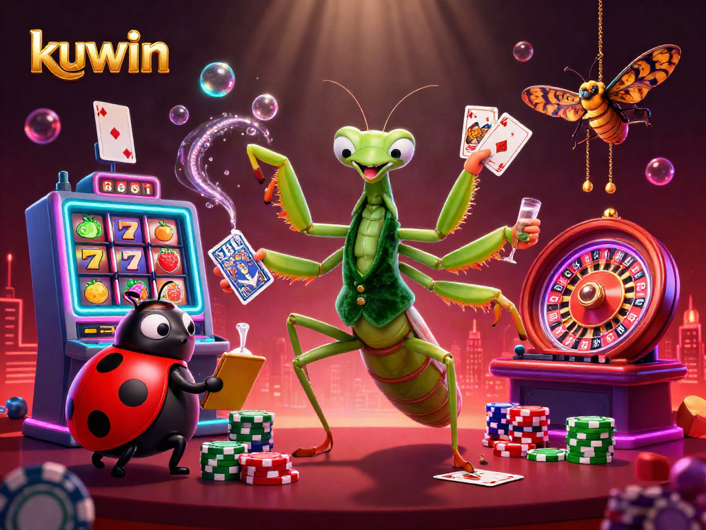 Kuwin slots featuring a 3D mantis card sharp and ladybug pit boss amidst vibrant casino elements.