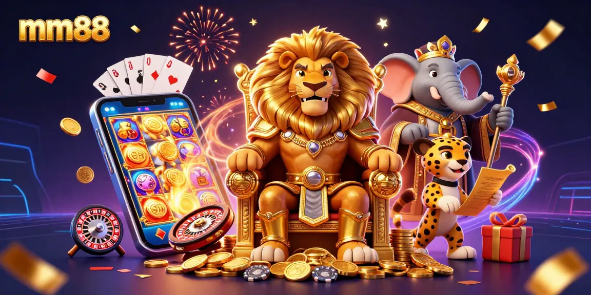 Experience thrilling games with mm88 as a lion king presides over a vibrant casino realm.