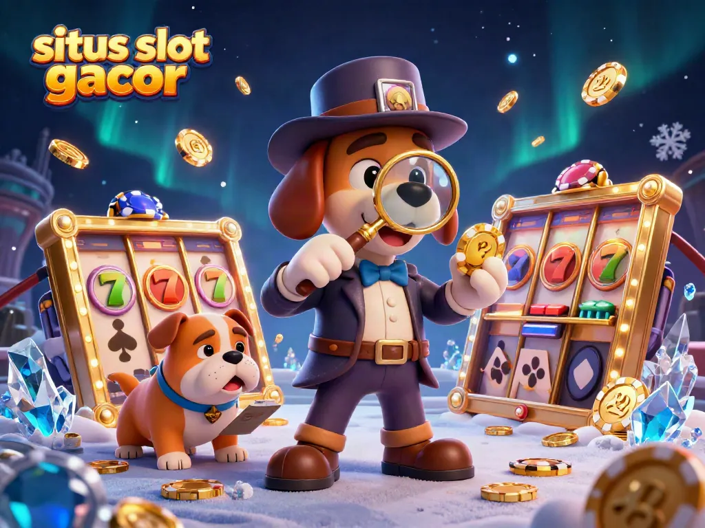 Gambarkan situs slot gacor dengan detektif 3D yang menyelidiki petunjuk dan simbol permainan
