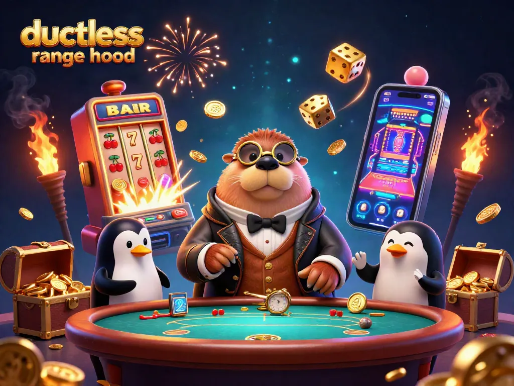 Experience the thrill of a ductless range hood in an immersive casino scene with animated characters and sparkling effects.
