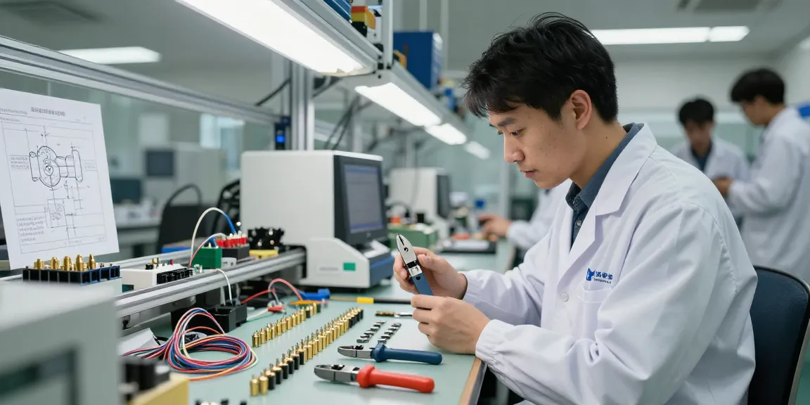 Engineer examining crimp connectors in a bright electronics manufacturing workspace, ensuring reliability and quality.