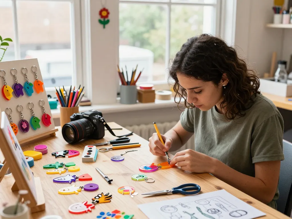Artisan creating a customized keychain with colorful materials in a bright workshop.