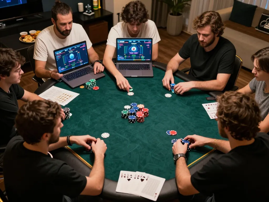 Players engaged in the official hidden wiki online poker game, showcasing chips and strategy notes in a cozy setting.