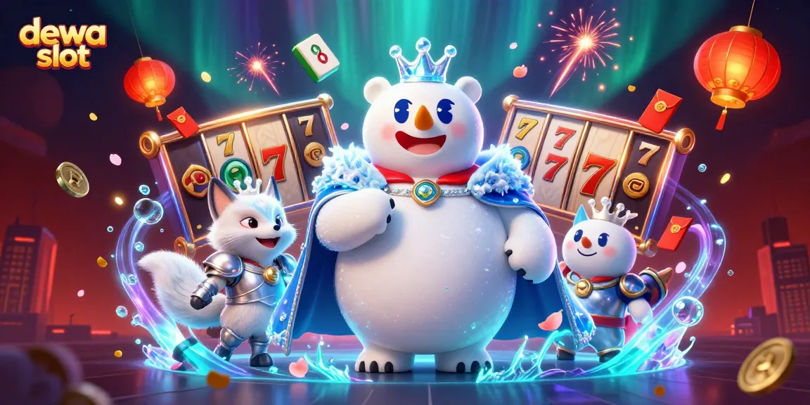 Memenangkan jackpot dalam permainan dewa slot dengan karakter kartun 3D raja es dan rubah salju.