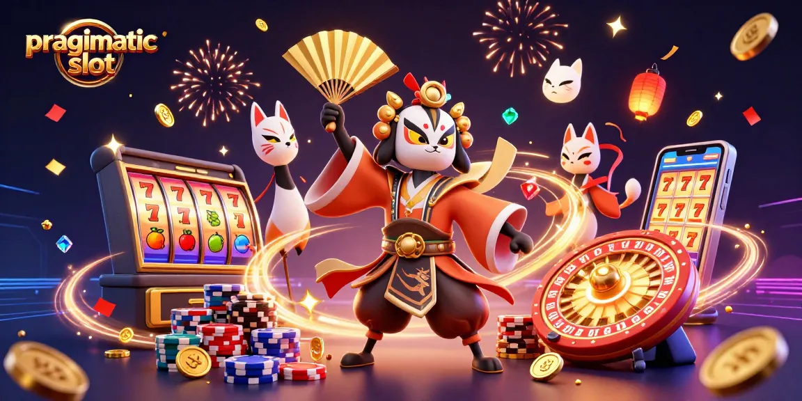 Engage in pragmatic slot gameplay with vibrant imagery of a kabuki warrior and slot reels.