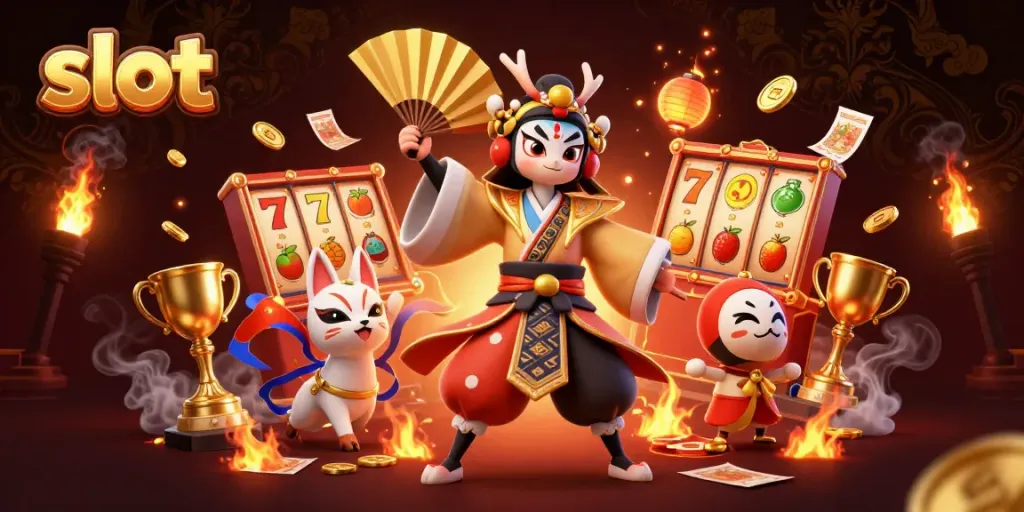 Engage in thrilling slot games with a dynamic 3D illustration of kabuki warriors and vibrant casino elements.