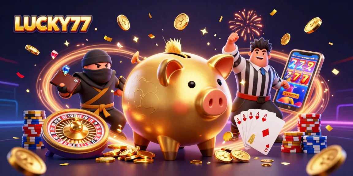 LUCKY77 golden piggy bank wrestler stomping coins in a vibrant casino scene.