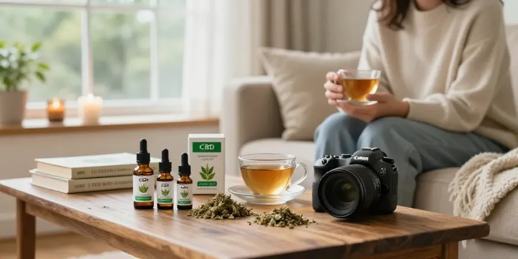 Enjoying CBD tea while surrounded by diverse CBD products, perfect for CBD kaufen.