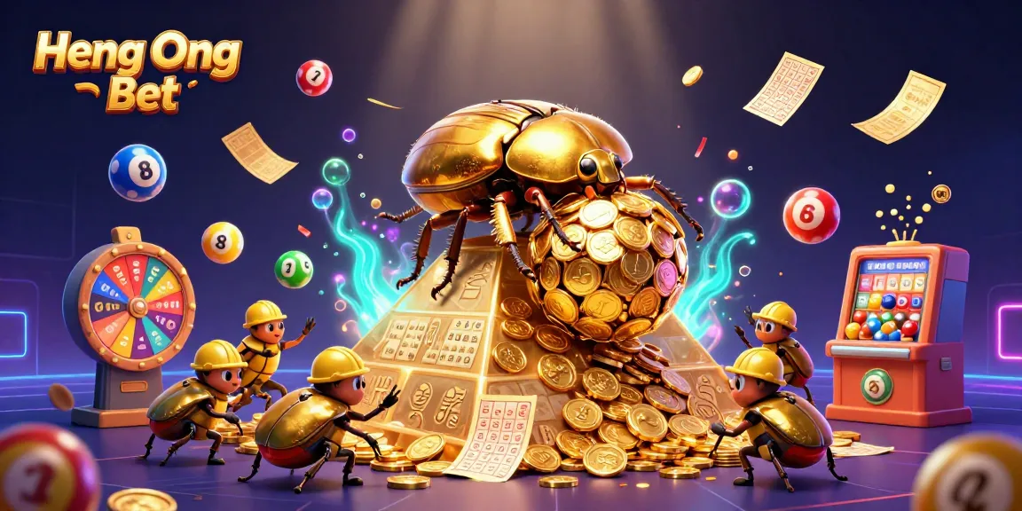 Engage in the electrifying world of Heng Ong Bet with an animated 3D casino scene featuring golden beetles and lottery elements.
