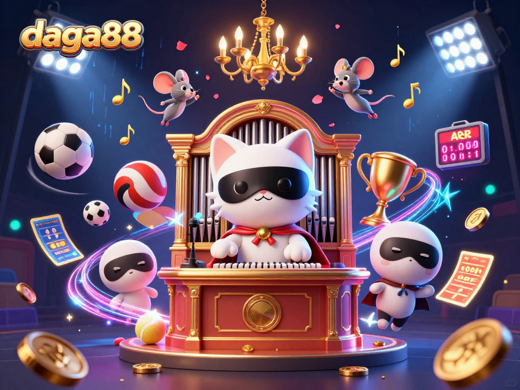 daga88 elevates the excitement with a dynamic casino scene featuring a masked cat, sports elements, and animated action.