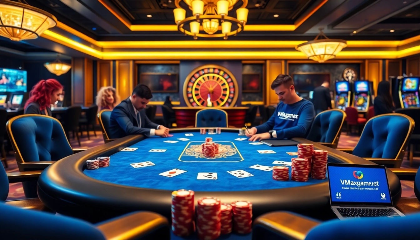 Engage in thrilling poker gameplay at vmaxgame.net, featuring a vibrant casino atmosphere and high-stakes action.